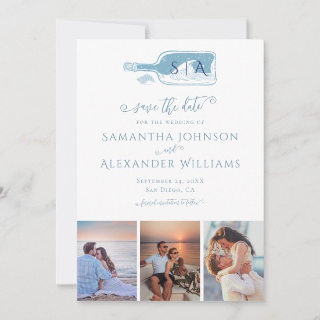 Elegant Beach Message in a Bottle Blue Wedding Save The Date (Front)