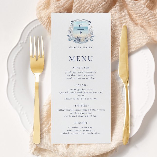 Elegant Beach Monogram Crest Wedding Menu (Creator Uploaded)