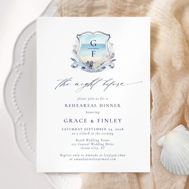 Elegant Beach Monogram Wedding Rehearsal Dinner Invitation (Creator Uploaded)