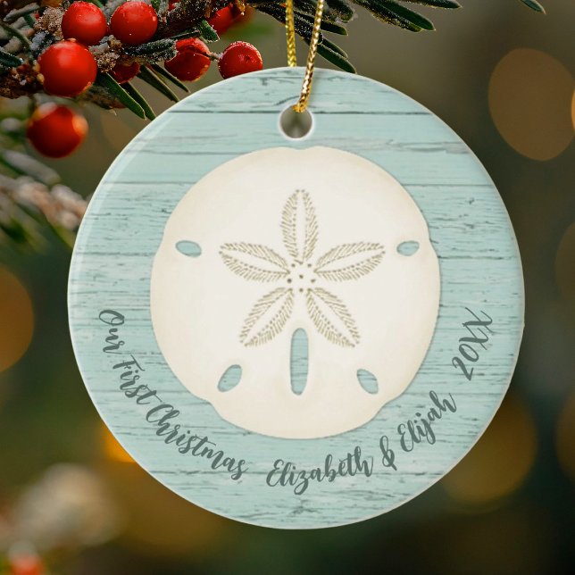 Elegant Beach Sand Dollar Photo First Christmas Ceramic Ornament (An elegant sand dollar tropical beach 1st Christmas ornament. Add photo to the back.)