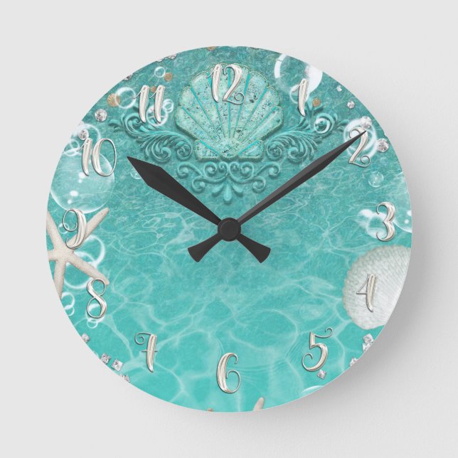 Elegant Beach Sea Shell & Bubbles Customized Round Clock (Front)