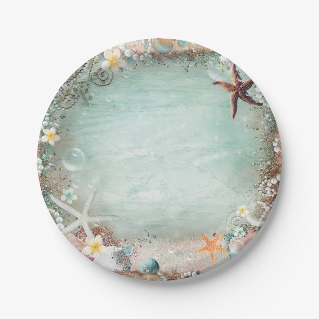 Elegant Beach Sea Starfish & Pearls Beachy Party Paper Plate (Front)