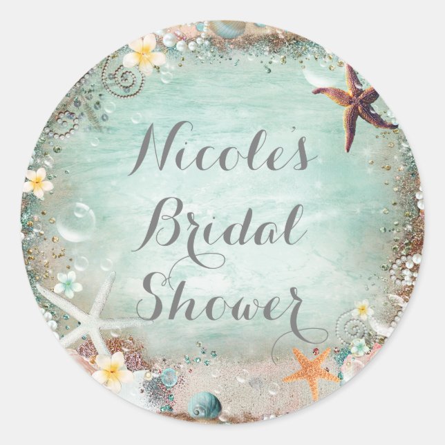 Elegant Beach Sea Starfish & Pearls Party Favour Classic Round Sticker (Front)