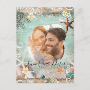 Elegant Beach Sea Starfish Pearls Save Date Photo Announcement Postcard