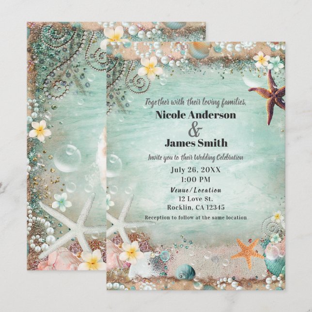Elegant Beach Sea Starfish & Pearls Wedding Photo Invitation (Front/Back)