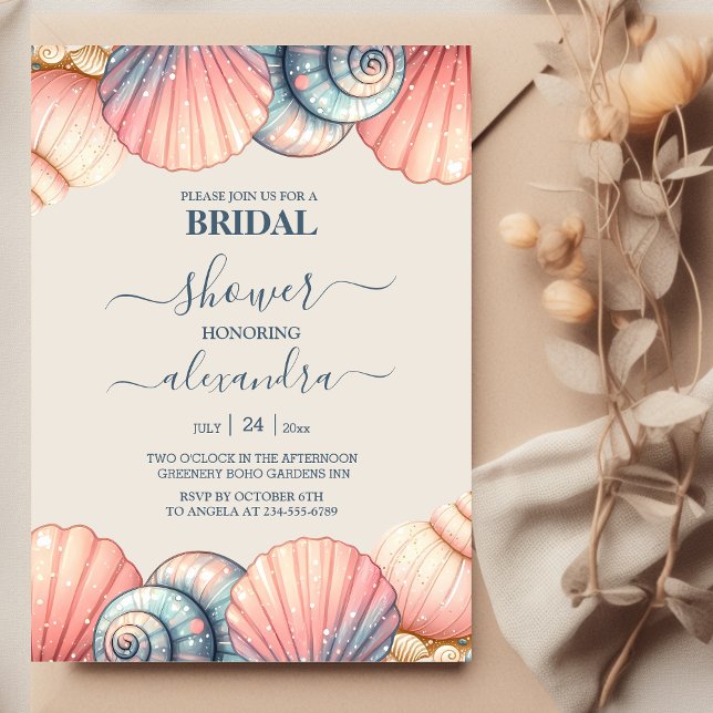 Elegant Beach Seashell Modern Script Bridal Shower Invitation (Creator Uploaded)