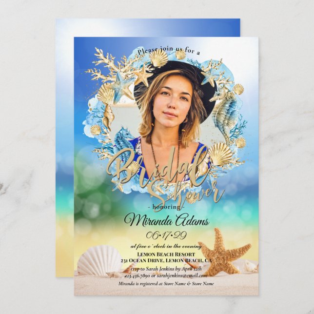 Elegant Beach Starfish Shell Bridal Shower Photo Invitation (Front/Back)