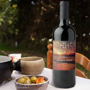 Elegant Beach String Lights Summer Thank You Wine Label