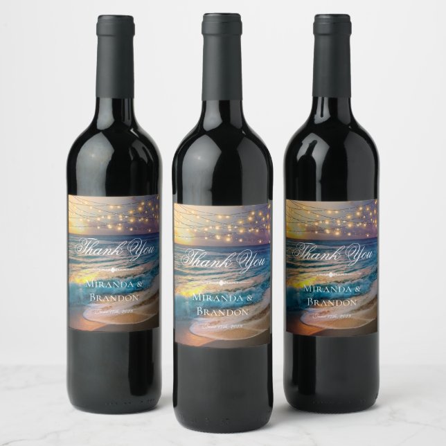 Elegant Beach String Lights Summer Thank You Wine  Label (Bottles)