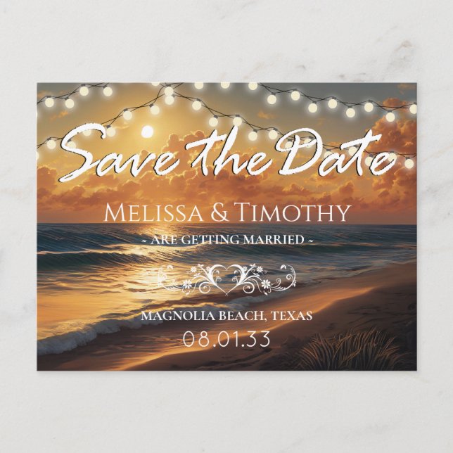 Elegant Beach Sunset Save the Date Announcement Po (Front)