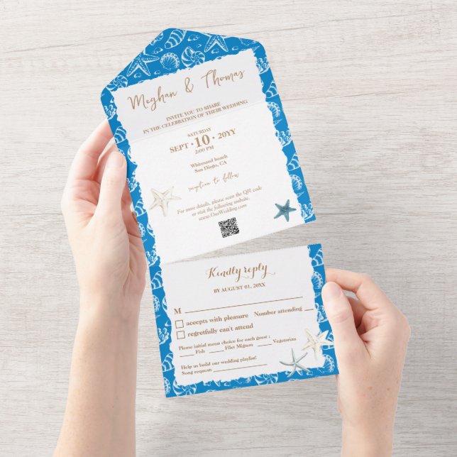 Elegant Beach Themed Wedding with QR code RSVP All In One Invitation (Tearaway)