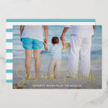 Elegant Beach Vacation Photo Christmas Gold Foil Holiday Card<br><div class="desc">Send out holiday cheer with this nautical themed flat Christmas card featuring a simple design with the words "Seas and Greetings" in an elegant script,  printed in real gold foil,  along with your message over your favourite beach vacation photo.  The backside has aqua and white stripes.</div>
