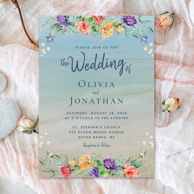 Elegant Beach Watercolor Floral Wedding Invitation (Creator Uploaded)
