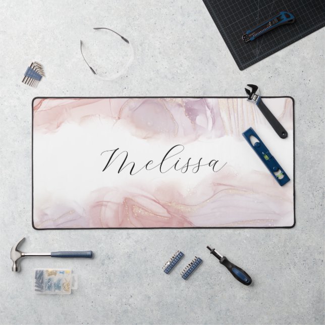 Elegant beach waves alcohol ink monogram desk mat (Workstation)