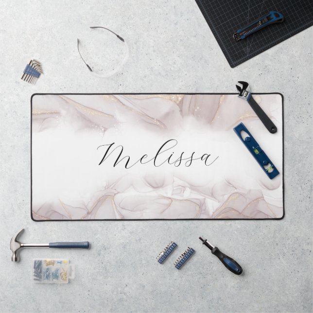 Elegant beach waves alcohol ink monogram desk mat (Workstation)