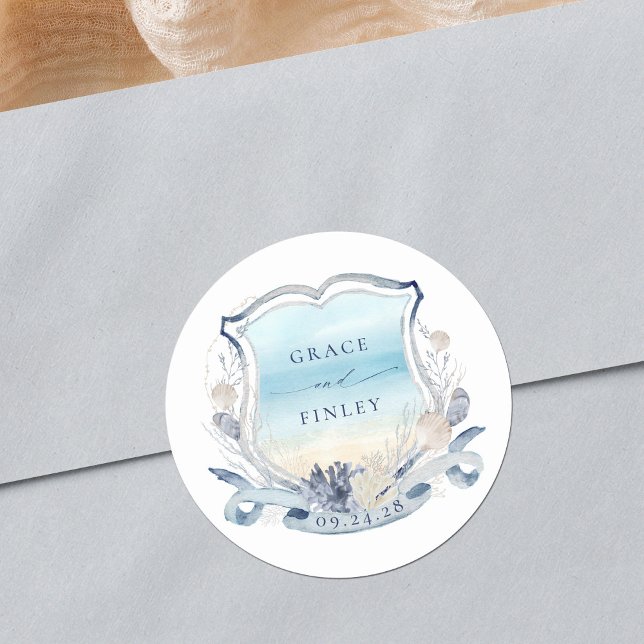 Elegant Beach Wedding Crest Coastal Chic Classic Round Sticker (Creator Uploaded)
