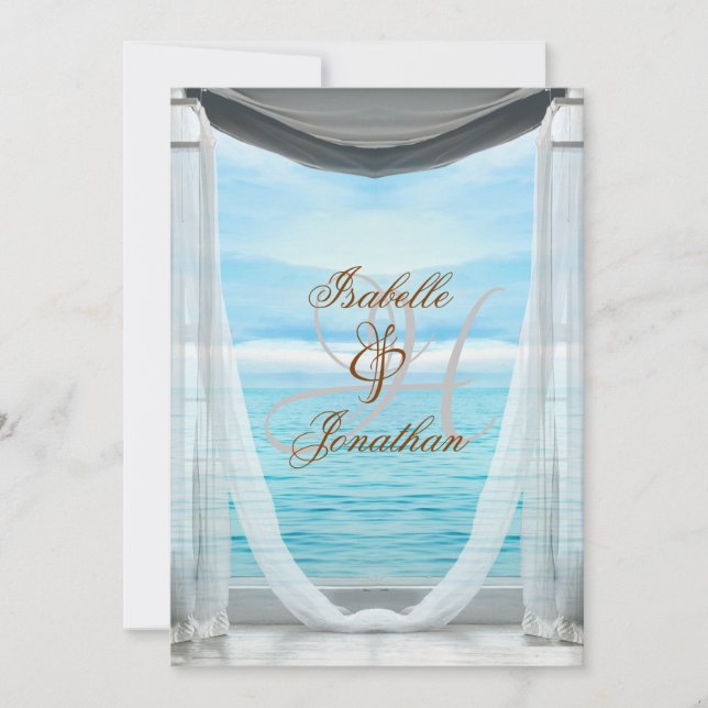 Elegant beach wedding monogram ocean & sky invitation (Front)