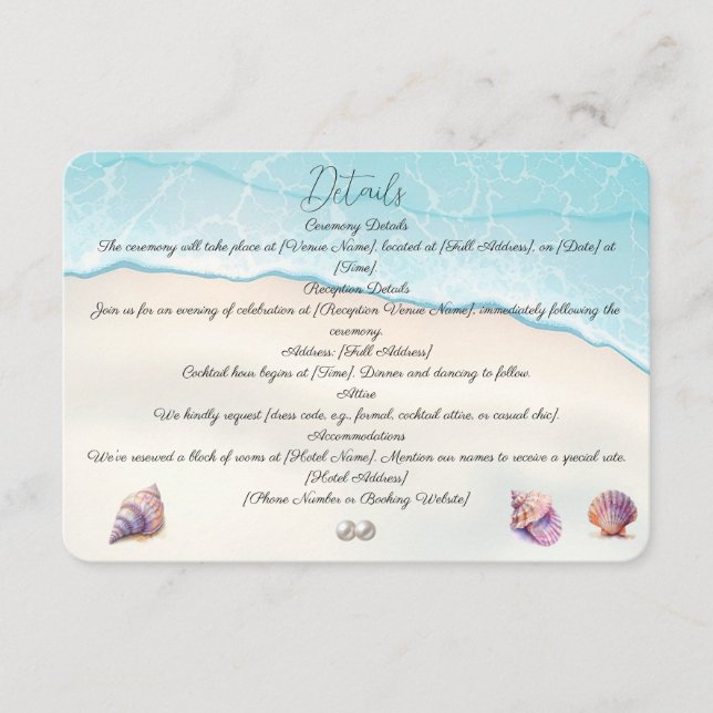 Elegant Beach Wedding  Seashells Pearls Nautical  Enclosure Card (Front)