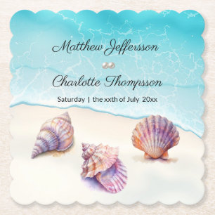 Elegant Beach Wedding  Seashells Pearls Nautical  Paper Coaster