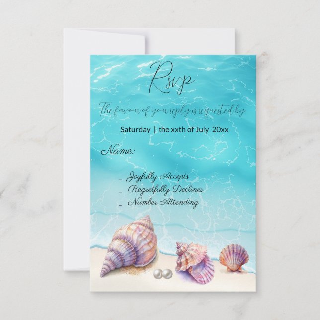 Elegant Beach Wedding  Seashells Pearls Nautical  RSVP Card (Front)
