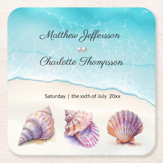 Elegant Beach Wedding  Seashells Pearls Nautical  Square Paper Coaster (Front)