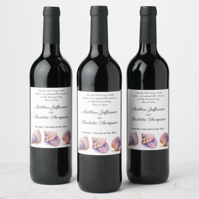 Elegant Beach Wedding  Seashells Pearls Nautical  Wine Label (Bottles)