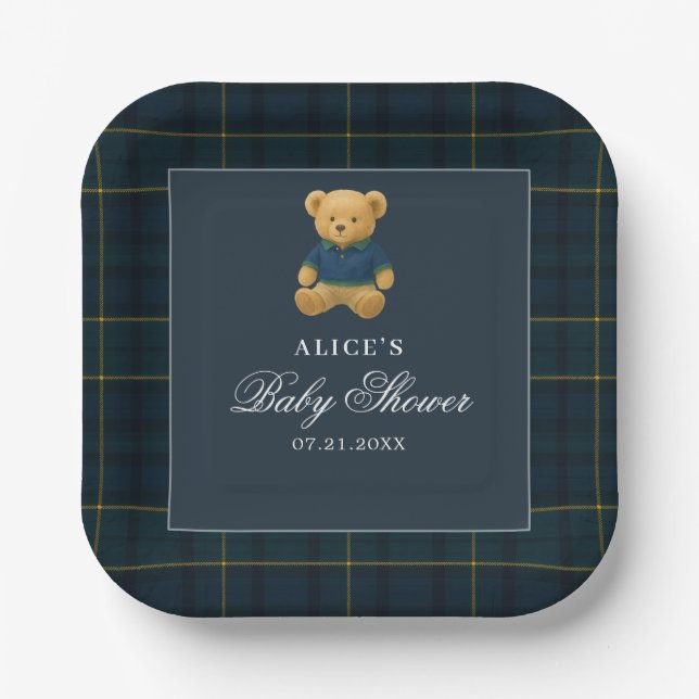 Elegant Bear Navy Blue Baby Shower Paper Plate (Front)