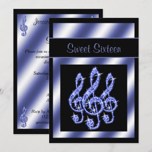 Elegant, Beautiful Blue Treble Clefs Sweet 16 Invitation