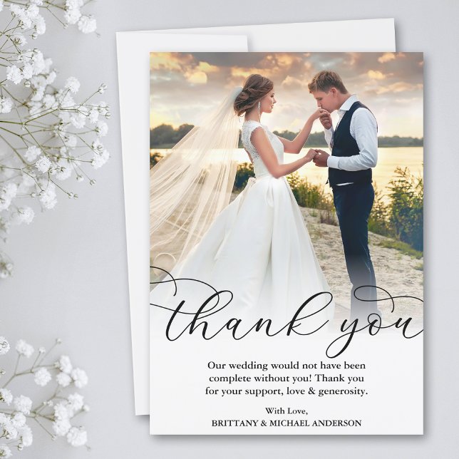 Elegant Beautiful Calligraphy Wedding Photo Thank You Card (Customize to add text or more photos to back of card.)