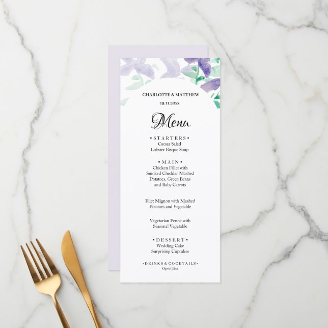 Elegant Beautiful Lilac Boho Floral Watercolor Menu (Front/Back In Situ)