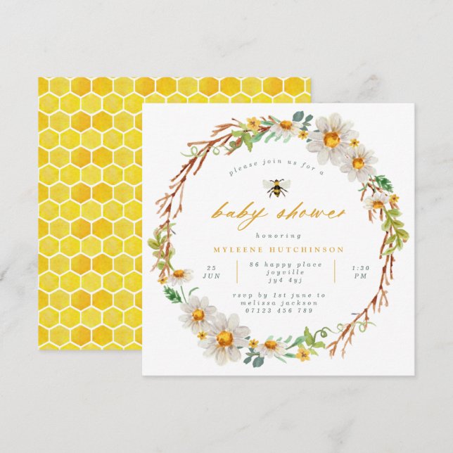Elegant Bee and Daisies Baby Shower Invitation (Front/Back)