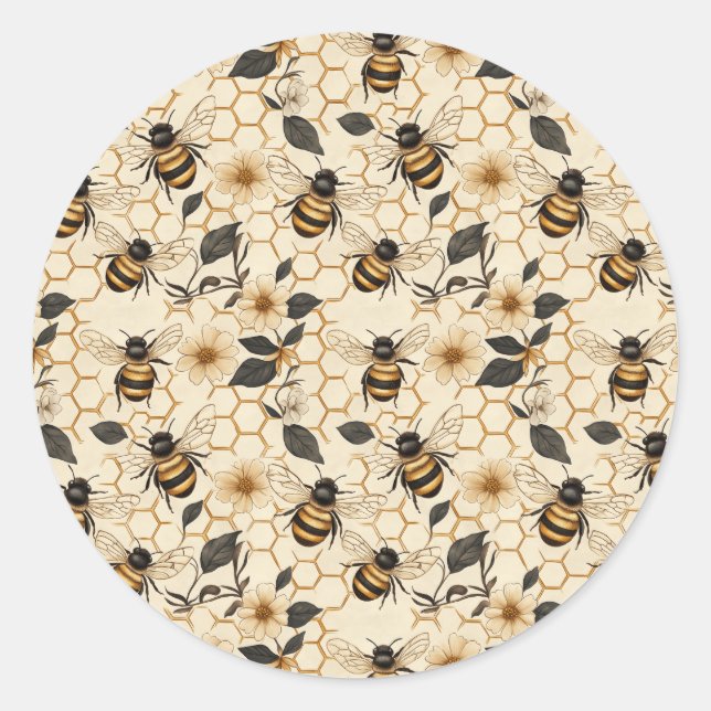 Elegant Bee and Honeycomb Pattern Classic Round Sticker (Front)