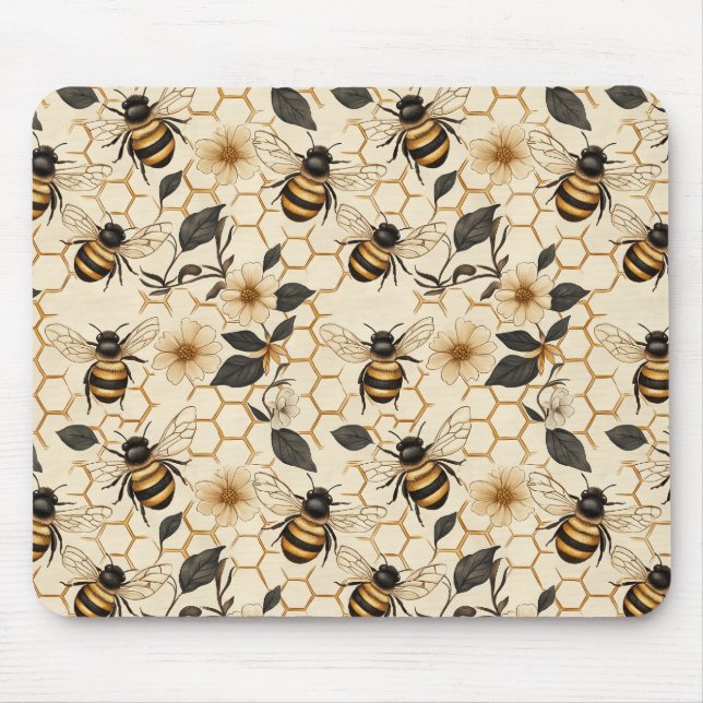 Elegant Bee and Honeycomb Pattern Mouse Pad (Front)