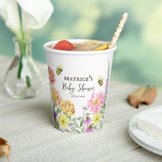 Elegant Bee and Wildflower Baby Shower Paper Cups (Insitu)
