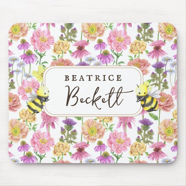 Elegant Bee and Wildflower Watercolor Pattern Mouse Pad (Front)