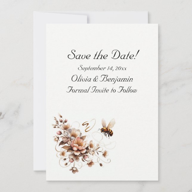 Elegant Bee & Floral Save the Date Card (Front)