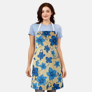 Elegant Beige and Blue Floral Apron for Kitchen 