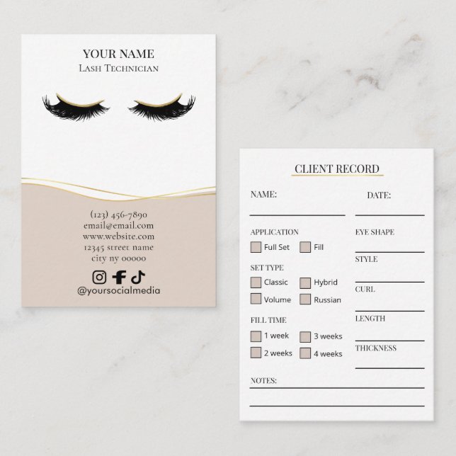 Elegant Beige and gold Lash Client Record Form Business Card (Front/Back)