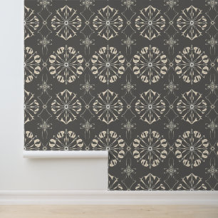 Elegant Beige and Grey Floral Geometric Design Wallpaper