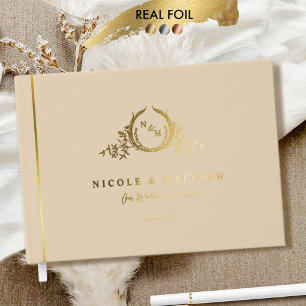 Elegant Beige and Real Foil Monogram Wedding Guest Book