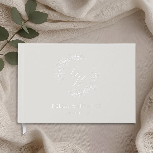 Elegant Beige and Silver Monogram Wreath Wedding Guest Book (Creator Uploaded)