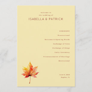 Elegant Beige Autumn Leaf Wedding Ceremony Program