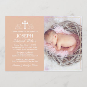 Elegant Beige Baptism Photo Invitation Card