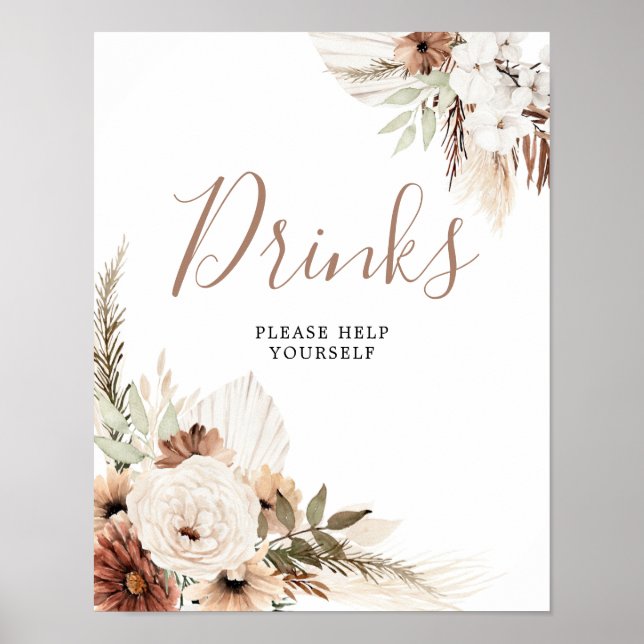 Elegant Beige Boho Pampas Grass Drinks Sign (Front)