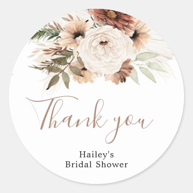 Elegant Beige Boho Pampas Grass Thank You Sticker (Front)