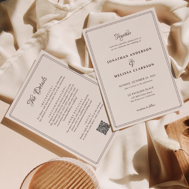 Elegant Beige Border QR Code All in One Wedding Invitation (Creator Uploaded)