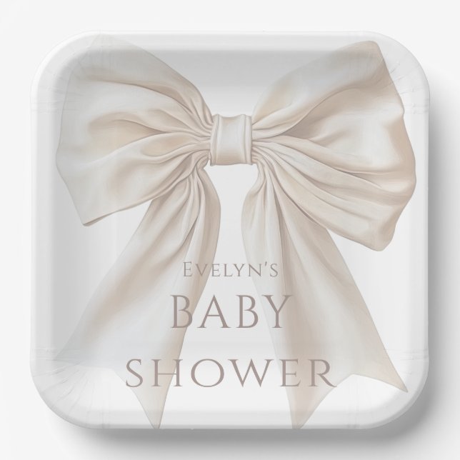 Elegant Beige Bow Gender Neutral Baby Shower Paper Plate (Front)