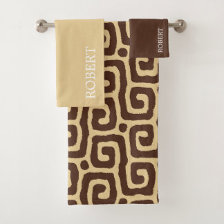 Elegant Beige &Brown Abstract Pattern Custom Name Bath Towel Set