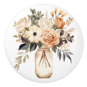 Elegant Beige Brown Flowers Floral Ceramic Knob