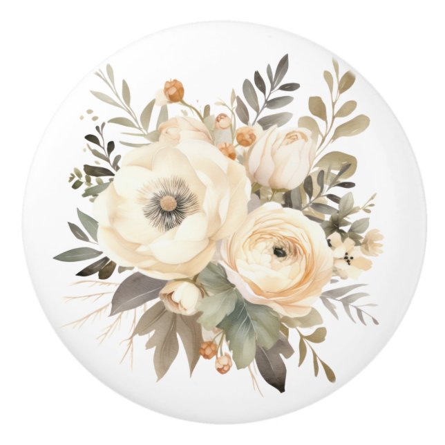 Elegant Beige Brown Flowers Floral Ceramic Knob (Front)